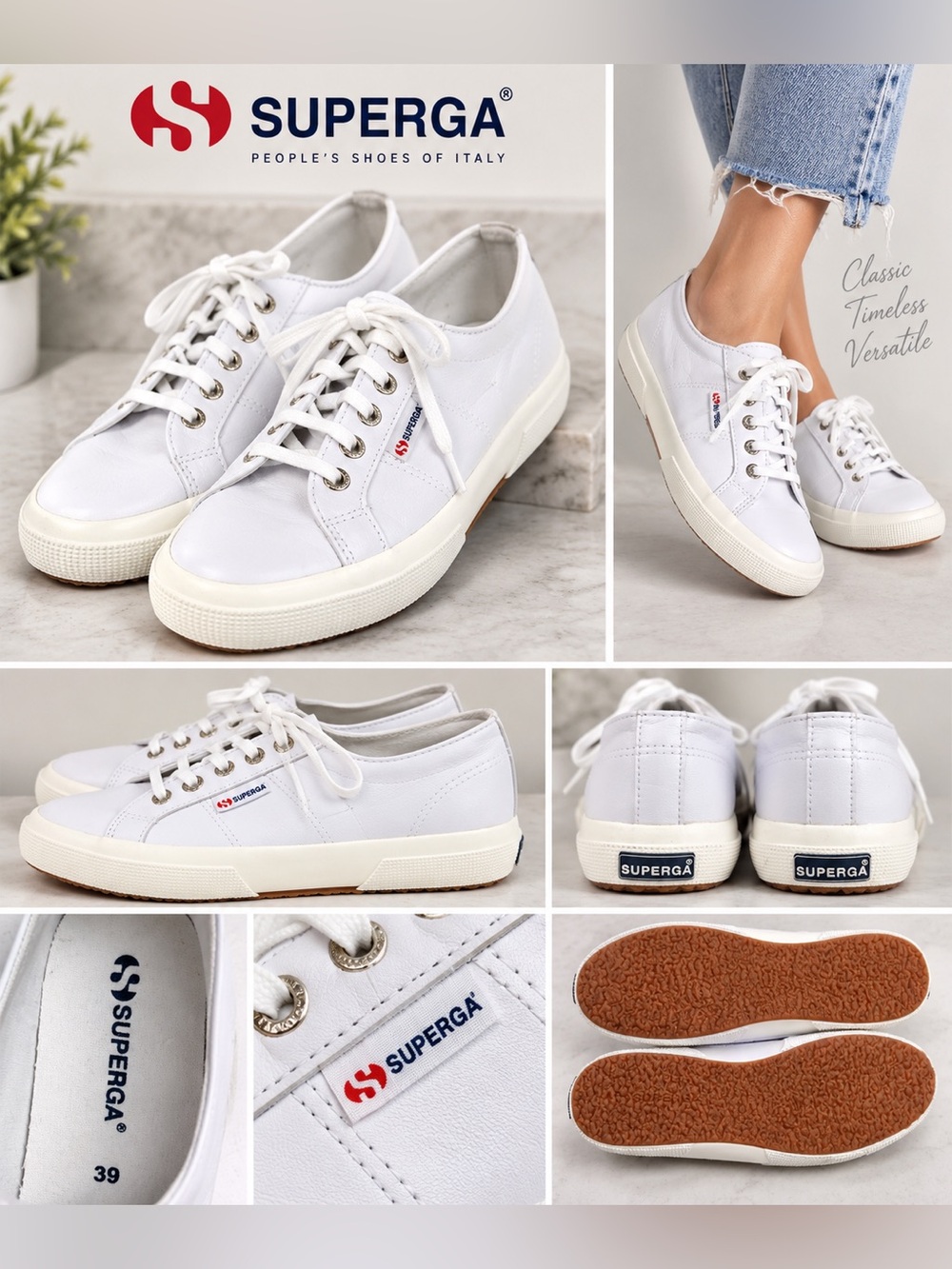 Superga White Leather Low Top Sneakers Shoes EU 39 Classic Italian Lace Up